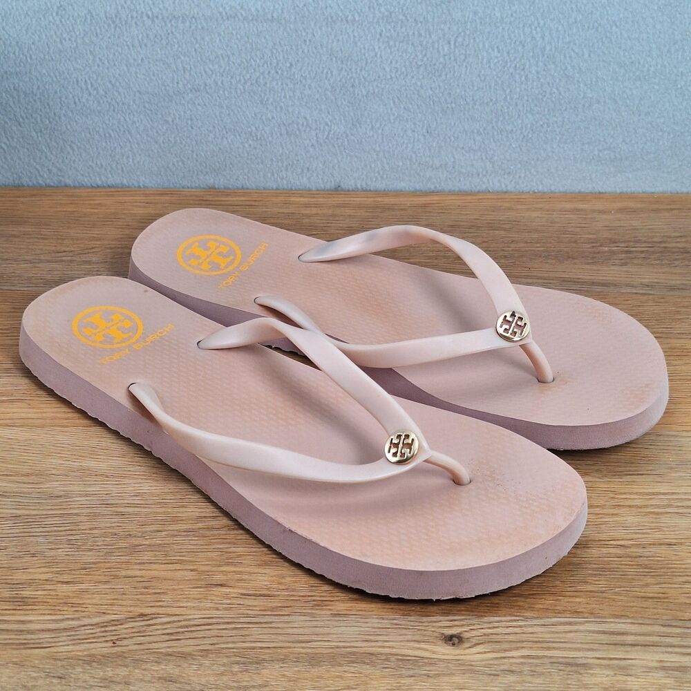 Tory Burch Women's US 10 11 Thin Flip Flops Blush Pink PVC Gold Medallion Logo